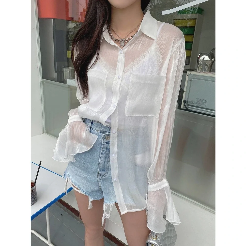 Dual Pocket Front Flounce sleeve button down Shirt white - Picture 8 of 8